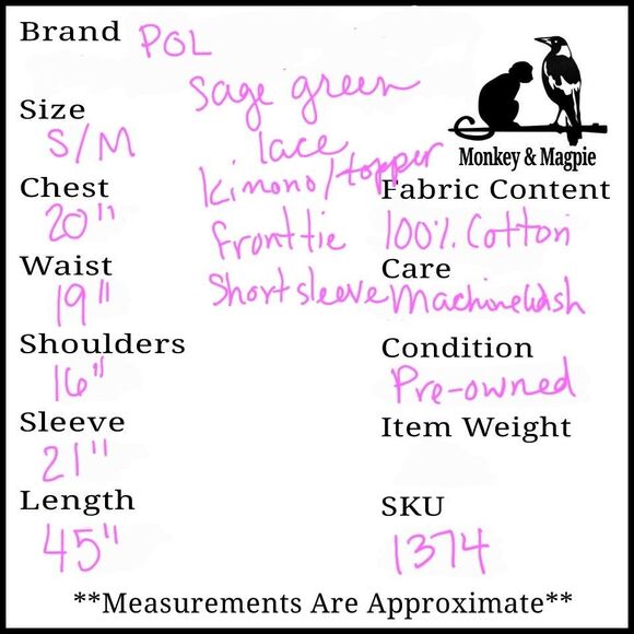 Pol Light Sage Green Lace Kimono Topper Swim Cover-up Boho Cottage Small Medium - Picture 8 of 8